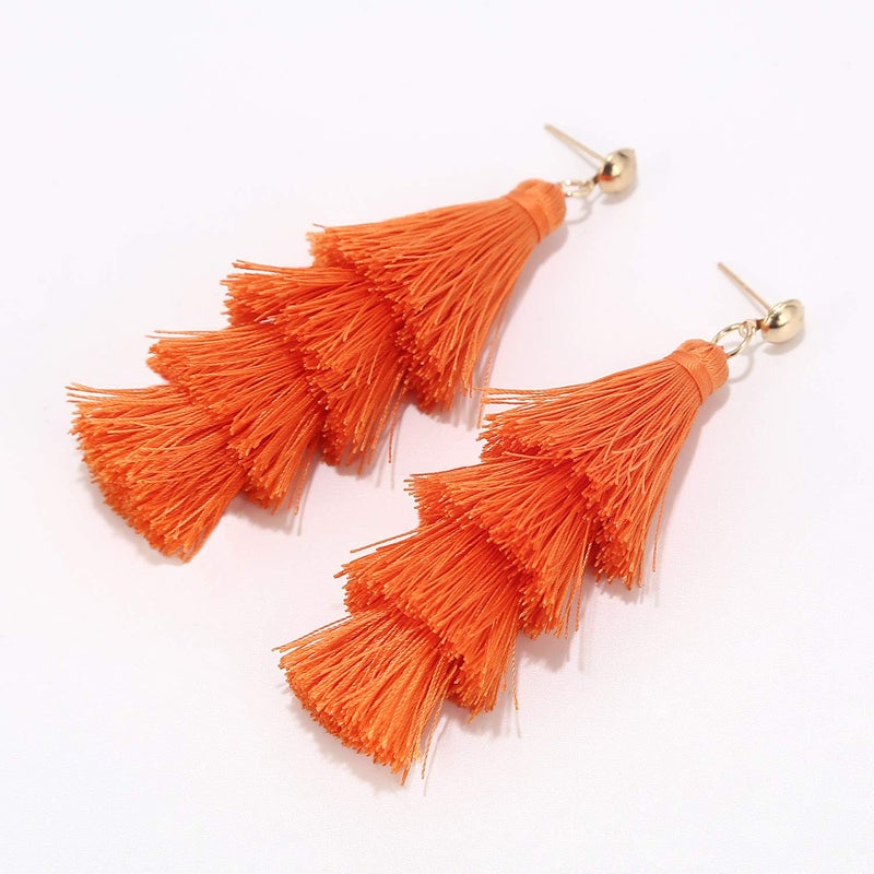 BaubleStar Fashion Tassel Dangle Earrings for Women Layered Long Bonita Tiered Russet Orange Thread Tassel Drop Statement Jewelry - Image 3